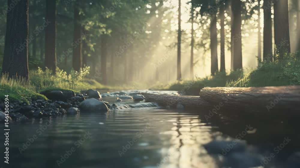 Poster Sunbeams illuminate a misty forest at dawn, creating a magical atmosphere as a river flows gently through the woods, with fallen tree trunks adding to the serene natural beauty