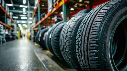 Fototapeta premium A busy tire warehouse displays neatly organized rows of tires on shelves. Workers are seen preparing tires for distribution. The facility is brightly lit and spacious
