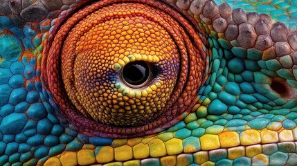 Fototapeta premium Brightly colored chameleon displays detailed eye patterns with a mix of orange, blue, and green. The textures and scales are vividly highlighted, showcasing the unique features of this reptile