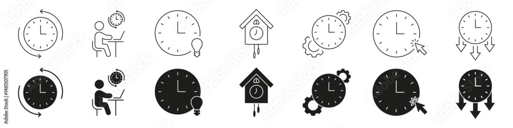 Poster clock and time management line and solid icon set. productivity, efficiency, and scheduling symbol c