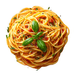Plate of pasta with sauce and herbs cut out, crystal clear image for restaurant websites, social media, and culinary marketing