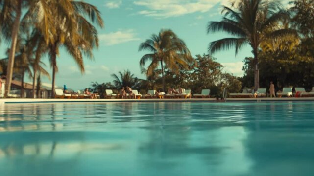 Crystal clear turquoise water of a swimming pool invites guests to cool off on a sunny day, with tourists lounging on deck chairs under palm trees in a tropical resort