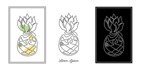 Set of minimalistic continuous line art of pineapple for the logo in various designs. Ananas in one line art style. Isolated on white background