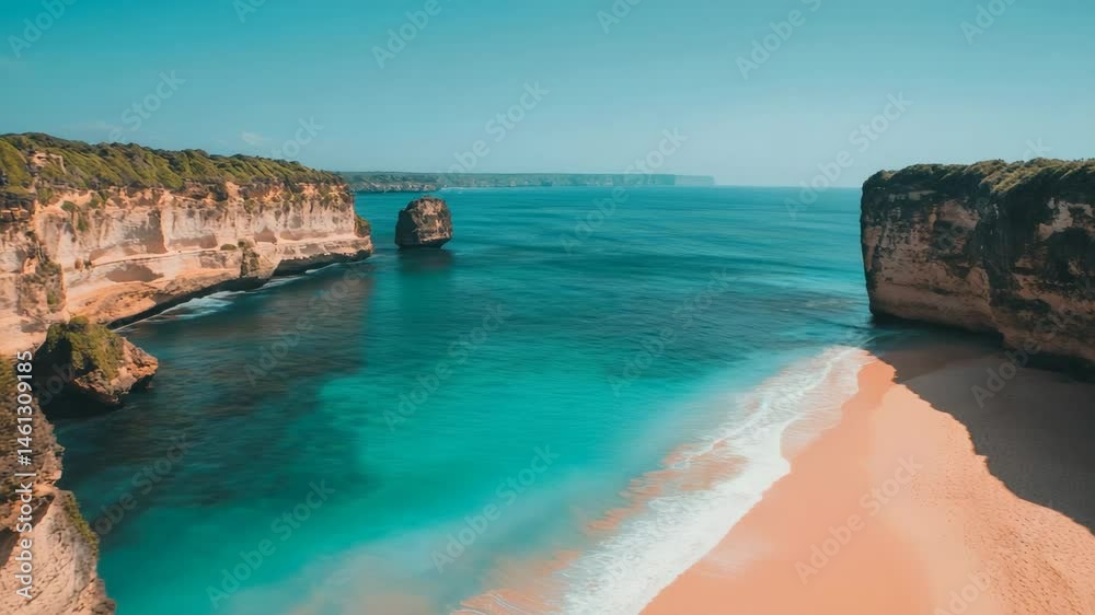 Poster turquoise water gently laps the shore of a secluded sandy beach nestled between towering cliffs in n