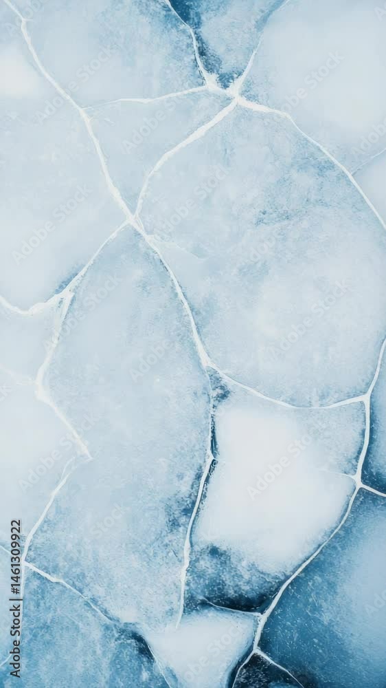 Poster ice covering a frozen lake surface is cracking, creating a beautiful geometric pattern of interconne