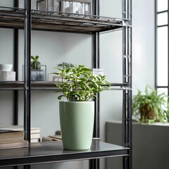 Fototapeta premium Modernize Your Space With Mint Green Ceramic Planters And Industrial Steel Shelving For Trendy Decor