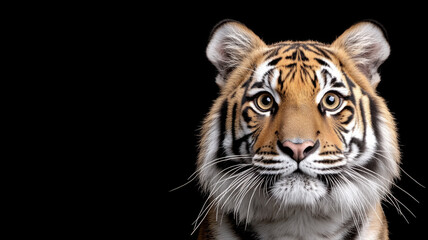 Fototapeta premium Cute Tiger Cub Portrait on Black Background tiger cub portrait black cute young animal big cat face