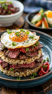 Loco moco presenting white rice topped with seared beef patty, sunny side up egg, drizzling savory gravy, garnishing with green onions and sesame seeds.
