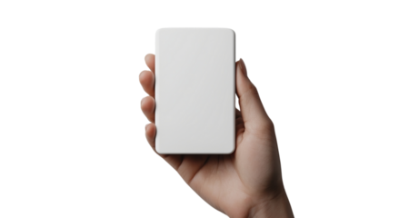Png of A hand holding a sleek, white rectangular device, showcasing a clean and minimalist design, perfect for modern technology enthusiasts.