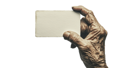 Png of An elderly person's hand with visibly aged skin holding a blank card, evoking themes of wisdom and memories.