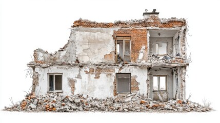 Ruined Two Story Brick House Against White Background