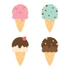 Cute colorful ice cream cone. Flat design illustration.