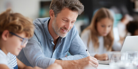 Fototapeta premium A man is writing on a piece of paper while a boy watches