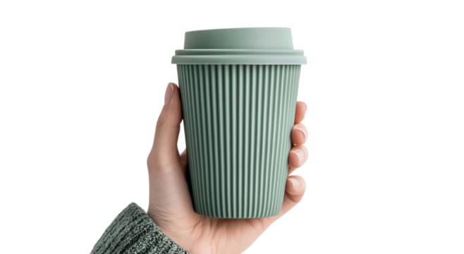 Png of A hand holding a stylish green reusable coffee cup, showcasing eco-friendly living and modern design.