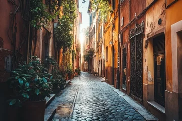 Photo sur Plexiglas Sunny Italian alleyway lined with colorful buildings.  Sunlight streams down narrow street.  Vibrant, warm colors