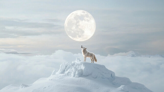 Majestic White Wolf Howling at Full Moon on Snowy Peak wolf howling moon majestic peak white wolf ai