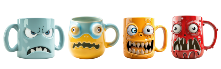 Four different colored coffee mugs with cartoon faces on them. Isolated on transparent background