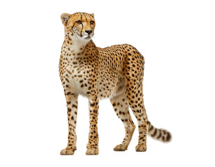 Fototapeta premium Full-body photograph of an African cheetah, against a solid, stark transparent background