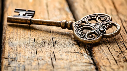 Antique Ornate Key On Aged Wooden Planks