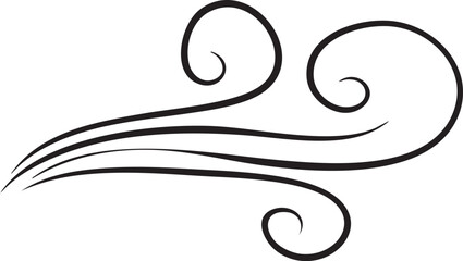 A stylized black wind swirl gracefully curves against a white background.