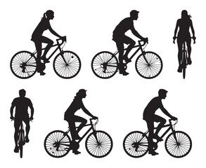 Silhouette vector illustration of a couple cycling together, front view of two people riding bicycles as outdoor leisure activity 