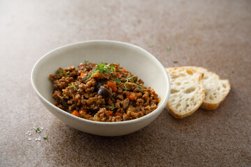Minced beef ragout with eggplant