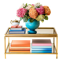 A Luxurious Gold Framed Coffee Table Set with Books and Flowers Isolated on Transparent Background