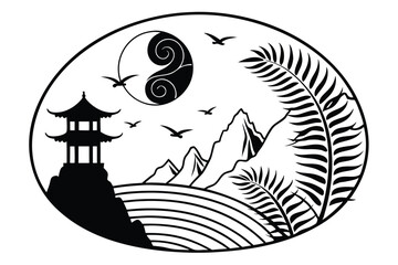 70 Minimalist black and white landscape, circular composition, Asian-inspired scenery, silhouette of pagoda, stylized waves, curling fern leaf, flying birds, striped sun, rocky mountains, tranquil oce