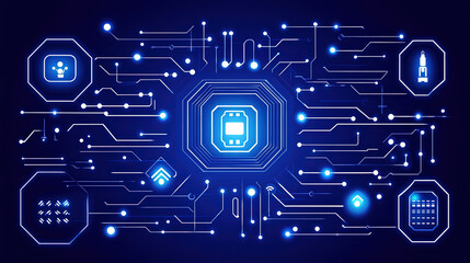 Dark blue vector banner design with white glowing hexagons and circuit lines, embodying a digital technology background in digital art-style vector illustration.