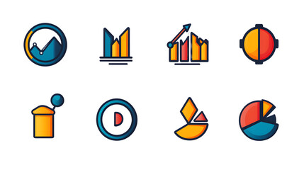 Set of business analytics chart icons with cutout background, sharp focus image of isolated graphics for commercial use and design assets.