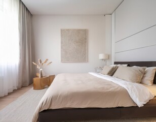 Minimalist bedroom with white walls, low-profile platform bed, beige linen bedding, floating nightstands, and a single large abstract artwork above the headboard