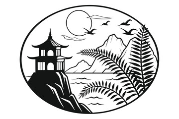 70 Minimalist black and white landscape, circular composition, Asian-inspired scenery, silhouette of pagoda, stylized waves, curling fern leaf, flying birds, striped sun, rocky mountains, tranquil oce