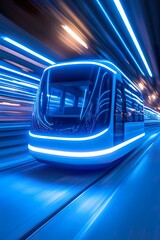 Obraz premium Futuristic autonomous blue bullet train speeding through illuminated tunnel