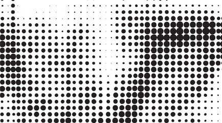 A dense field of black and white circles creates a dynamic abstract