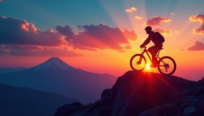 Obraz premium Silhouetted mountain bike atop a peak, vibrant sunset , bicycle, nature