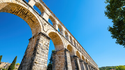 Fototapeta premium Majestic aqueduct under clear blue sky, showcasing ancient architecture and stonework. stunning view that evokes awe and admiration
