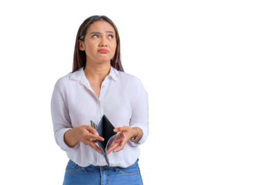 Unhappy young Asian woman holding empty wallet and looking away at copy space isolated on transparent background