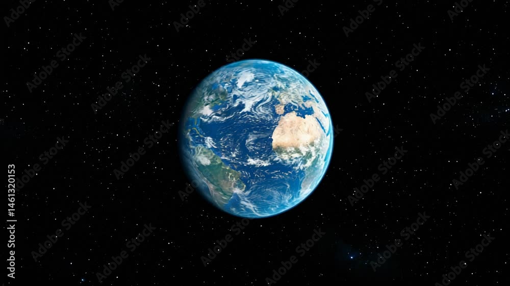Poster Global view displaying rotating planet highlighting african and european landmasses, celestial background featuring countless luminous stars, presenting expansive cosmic perspective