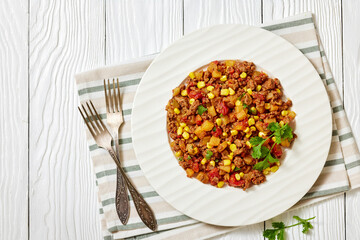 ground beef stew of potatoes and chopped tomatoes