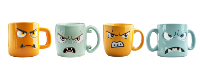 Four cups with angry faces on them. Isolated on transparent background