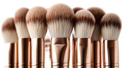 Set of makeup brushes with rose gold handles on transparent background, sharp focus image of isolated beauty tools for online beauty stores and blogs.