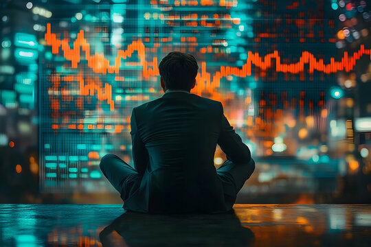 A businessman meditates, contemplating market trends.