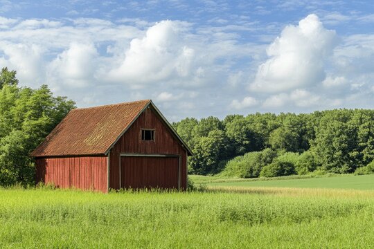Rustic red barn in a green field under a blue sky