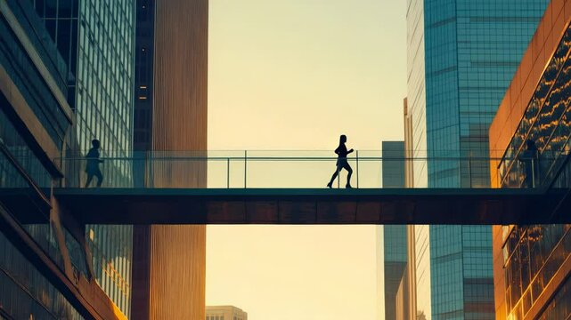 Silhouette of a businesswoman running on a skybridge at sunset, linking modern office buildings in a vibrant urban landscape, capturing the essence of fast paced business life