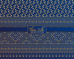 Seamless pattern background. Inspired by traditional Northern Thai silk pattern. Colored in Navy Blue and Gold.