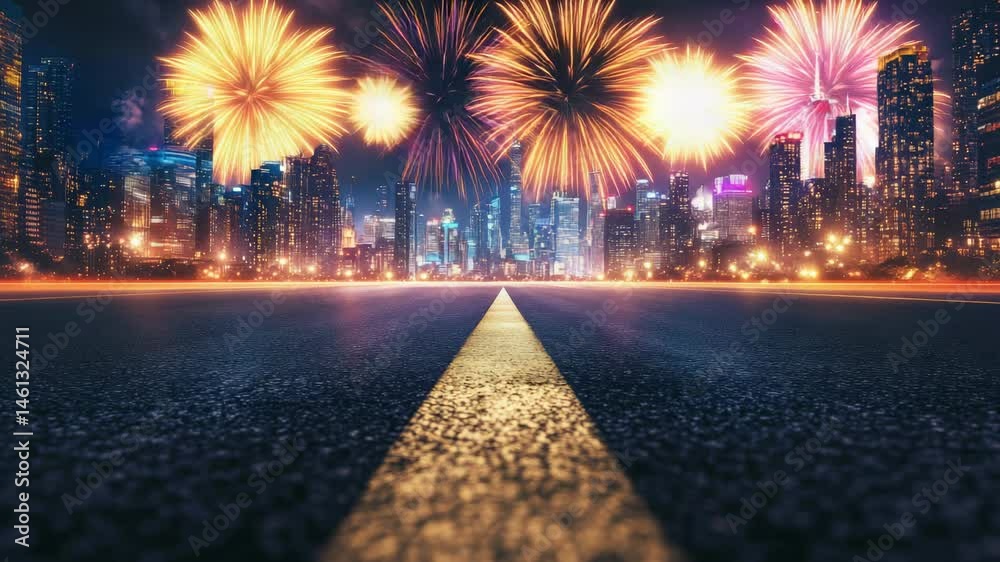 Aufkleber Colorful fireworks exploding over a modern cityscape with illuminated skyscrapers and an empty asphalt road leading towards the city center at night