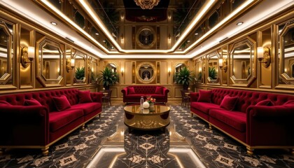 Obraz premium Basement living room interior concept. Luxurious lounge with red sofas, ornate mirrors and elegant decor.