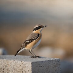 Fototapeta premium orthern Wheatear on Concrete Ledge.