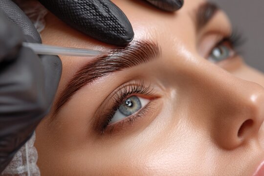 The close-up shot captures the brow lamination process on a client's face in a beauty salon.