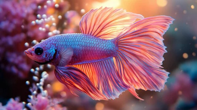 Colorful betta fish swims among corals. A vibrant betta fish glides through a colorful coral reef during a serene underwater moment in the ocean.